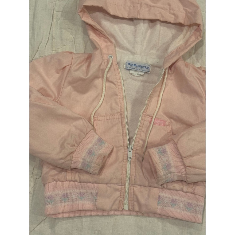 Vintage OshKosh Bgosh Pink Hooded Bomber Jacket Floral Trim Girls Size 3 Toddler - Picture 2 of 8